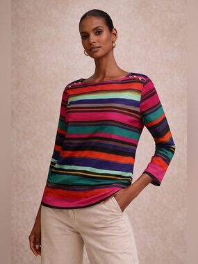 Banana Republic Multicolor Striped Boatneck Top with Gold Buttons